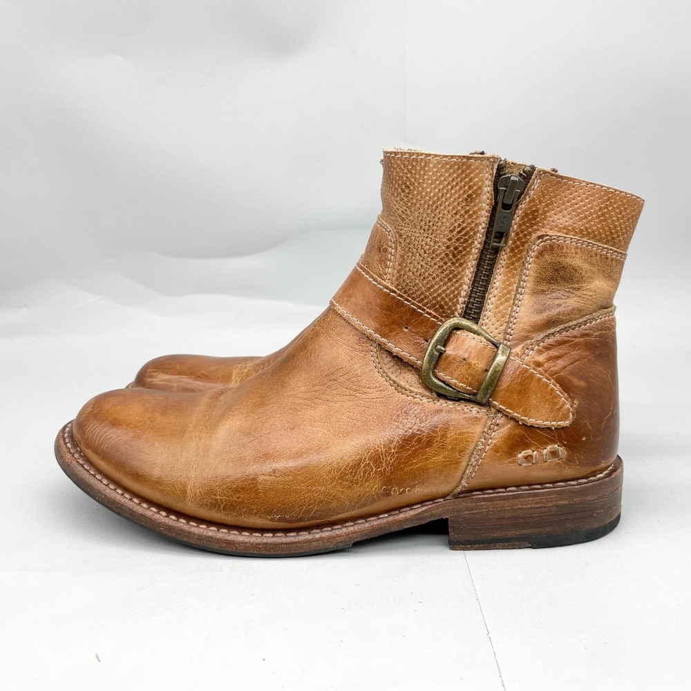 Bed Stu Womens 9 Becca Boots Tan Rustic Leather Moto Booties Zip Buckle Western - Picture 4 of 11